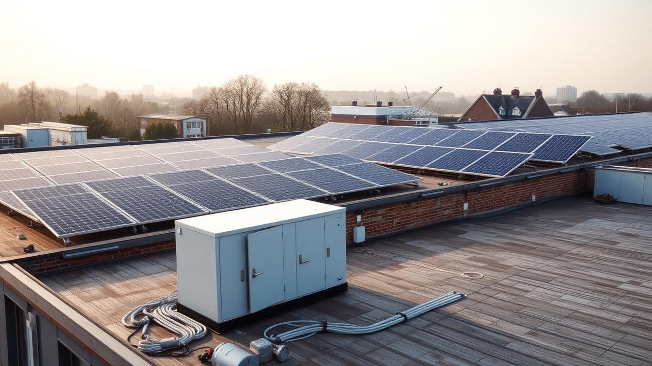 Solar panels and an industrial battery cabinet on the flat roof of a UK business premises in morning light